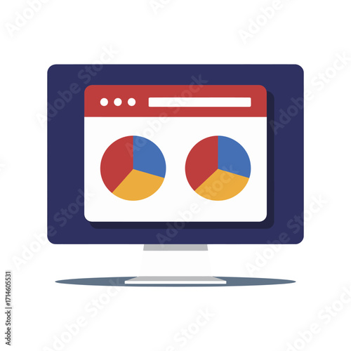 Stylized computer monitor displaying browser window with two pie charts, symbolizing data analysis, statistics, and digital reporting tools