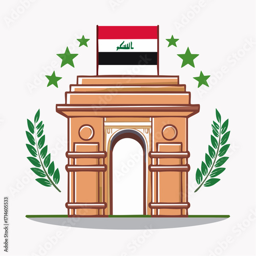 Historic stylized representation of the Ishtar Gate with a modern Iraqi flag flying on top. Representing Iraq national day