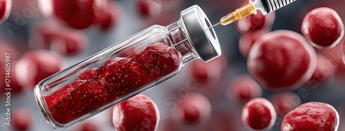 Vial containing red liquid with syringe surrounded by red blood cells in a microscopic view