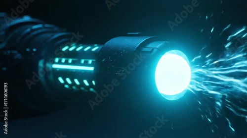 Futuristic glowing energy weapon firing bright blue plasma in darkness