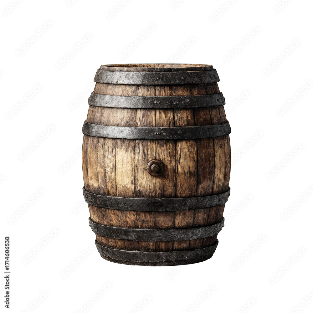 Fototapeta premium Full view of a weathered wooden barrel. Iron bands encircle the barrel
