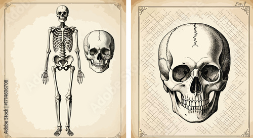 Vintage anatomical book illustration of human skeleton and skull, presented on aged paper with detailed classical drawing style.