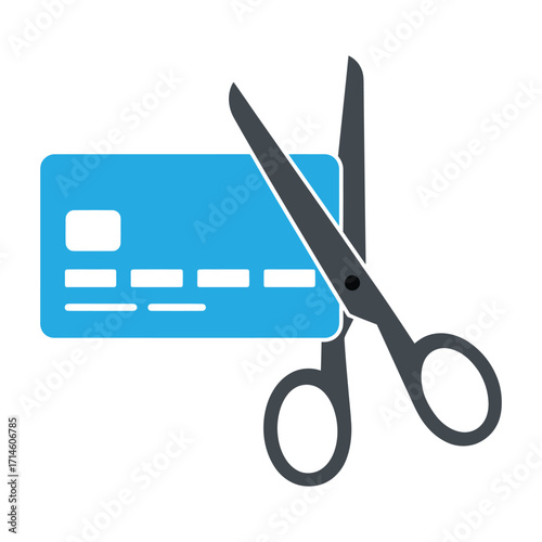 Stylized image of scissors cutting a blue credit card, symbolizing financial control, debt reduction, and discontinuation of card usage