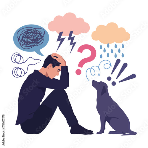 Person in emotional distress sitting on ground with symbolic icons and dog nearby, representing anxiety, support, and mental health awareness