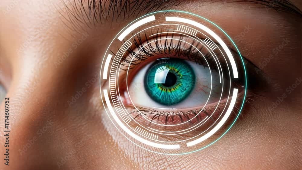 A human eye with holographic tech patterns showing advanced hotel ...
