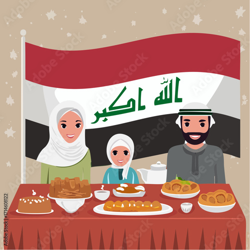 Vector of an Iraqi family, father, mother, and children, happily gathered with iraq flag as background