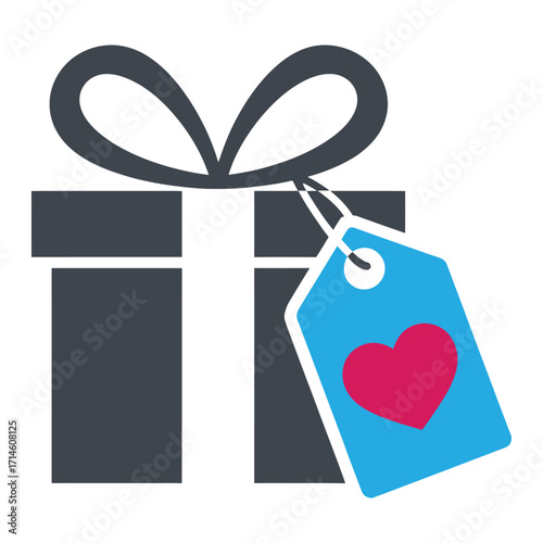 Stylized graphic of dark gift box with ribbon and heart tag, symbolizing affection, celebration, and thoughtful giving for special occasions