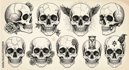 Vintage anatomical illustrations of human skulls with shading and gothic style, showing detailed structures for medical and artistic use.