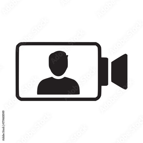Illustration of a video camera with a person inside the screen, the icon is simple and modern, perfect for use in a variety of digital and print media projects it is a versatile design