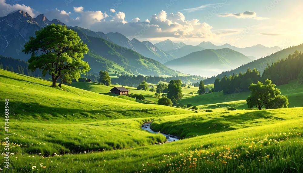 Fototapeta premium Alpine Meadow Panorama Under Sunny Sky