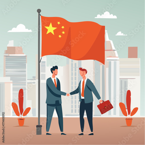 Close up two smiling diplomats or bussines man from different countries shaking hands firmly, with large china flag as a background