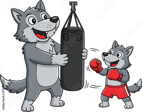 Cartoon wolves boxing — cheerful parent and child training with punching bag and gloves in playful, energetic sports-themed animal scene