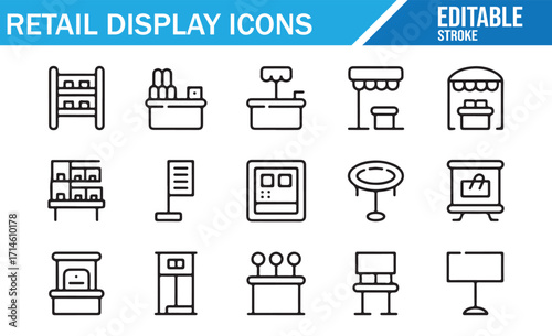 Editable stroke retail display icons set with shelves, counters, stands, kiosks, racks, signage, podiums, and exhibition elements in simple outline vector style for store and shop design