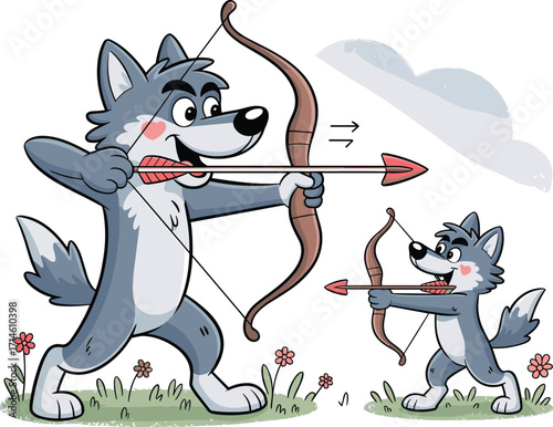 Cartoon wolves practicing archery — playful mentor-student scene in grassy field with flowers, bows, arrows, and cloudy sky background