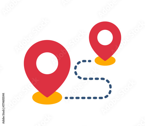 Location pin icons with dotted path representing navigation, travel route, GPS tracking, delivery, destination, journey planning, map direction, and transportation concept