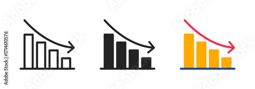 Falling bar chart icons with downward arrow representing business loss, financial decline, negative growth, market risk, crisis, failure, economic downturn, and decreasing trend concept