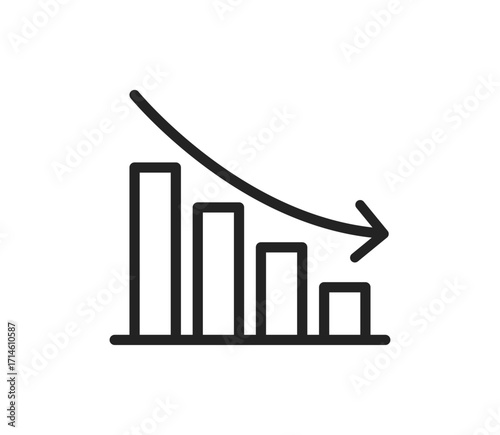 Falling bar chart icon with downward arrow representing business loss, financial decline, negative growth, market risk, crisis, failure, economic downturn, and decreasing trend concept