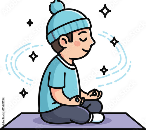 Young boy in blue hat meditating peacefully on a mat with sparkling aura