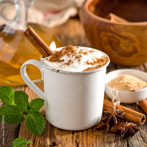 Creamy spiced hot drink on rustic table