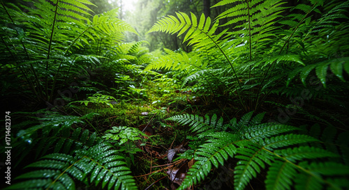 Cuadro en lienzo Lush Green Ferns and Mossy Forest Floor in Natural Light.