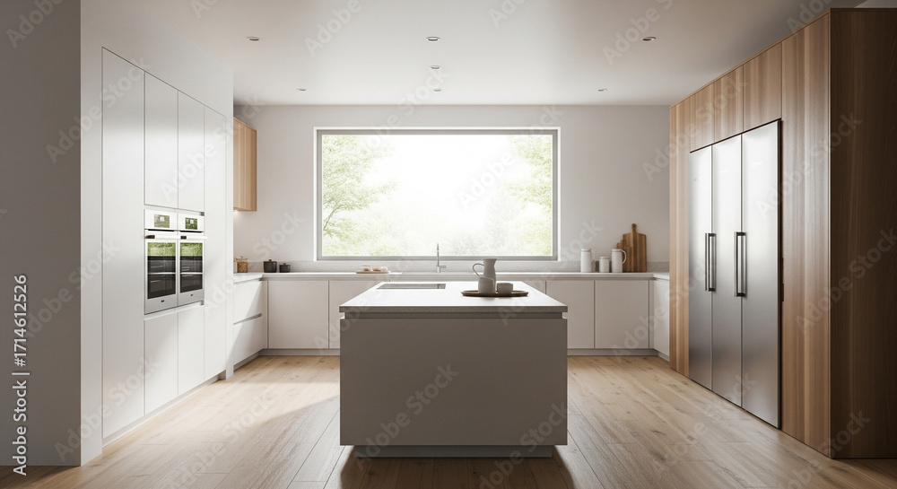 Fototapeta premium Modern Kitchen Island with Gray Countertop and Minimalist Design.