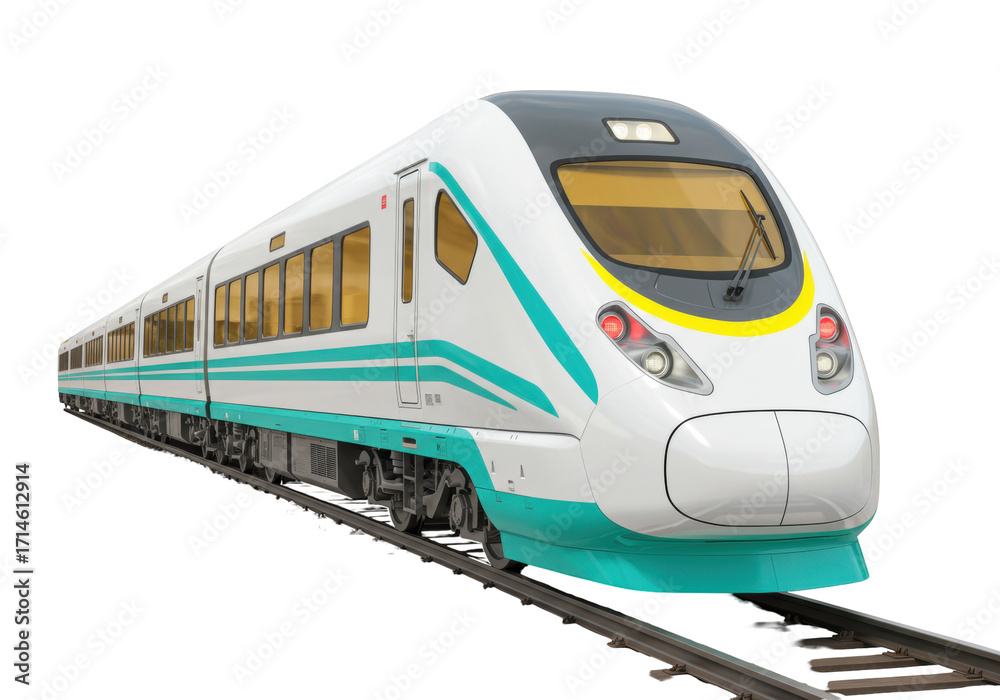 Fototapeta premium Isolated high-speed passenger train on tracks, transportation design concept, travel vector