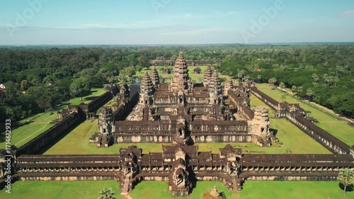 Drone Fly Away Shot Of Angkor Wat Temple Complex In Siem Reap Cambodia