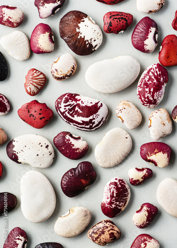 Collection of dry lima beans (Phaseolus lunatus) with varied colors and markings, from white to deep red. Their shapes and speckles highlight the diversity within this heirloom legume. Top view