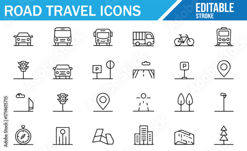 Thin stroke traffic and travel icons with vehicles, signals, maps, and navigation signs