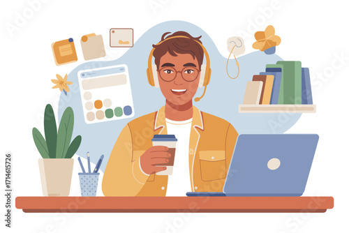 man sitting at her office desk working on a laptop, surrounded by people, coffee, and technology