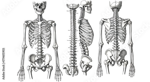 Scientific anatomical chart showing full human skeleton in frontal and lateral views with spine, arms, and legs for medical study.