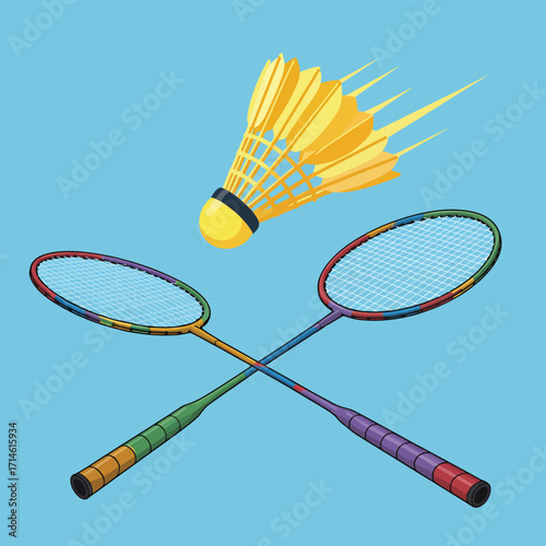 A single badminton racket and shuttlecock isolated on a white background, ready for a fun game