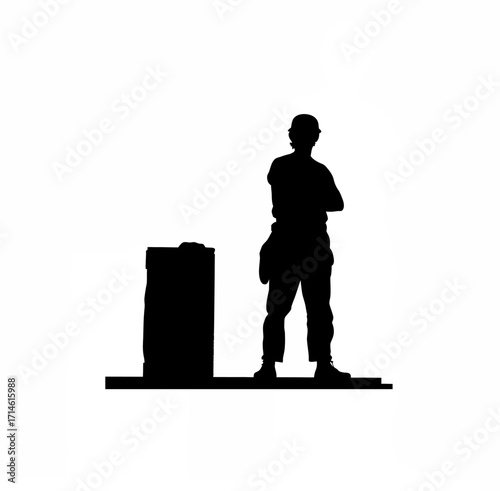 Silhouette of concrete finisher with folded arms near slab isolated on white background