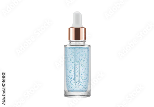 Isolated blue hydrating serum in a transparent bottle with a dropper, skincare product