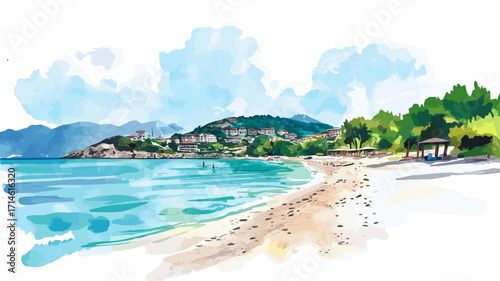Ksamil Beach. Ksamil Beach watercolor vector illustration