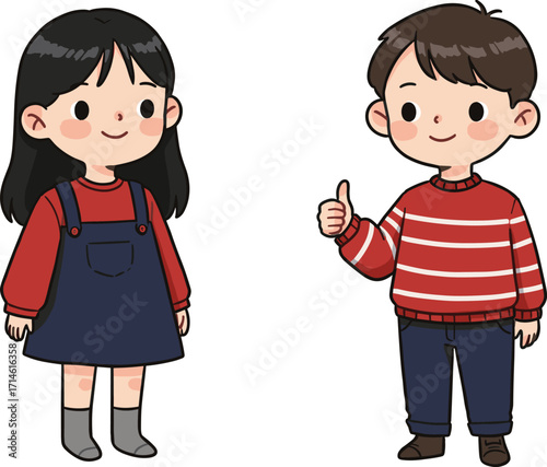PrintCartoon illustration of two happy children standing together, boy giving thumbs up, colorful kids character design for education and storytelling