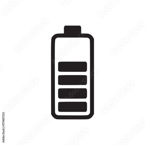 Illustration of a black battery with four bars, representing energy level, power storage, and charging status, suitable for technology and sustainability themes