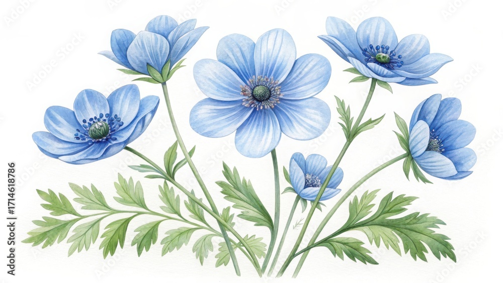 Obraz premium Watercolor illustration of blue anemone flowers isolated on white background