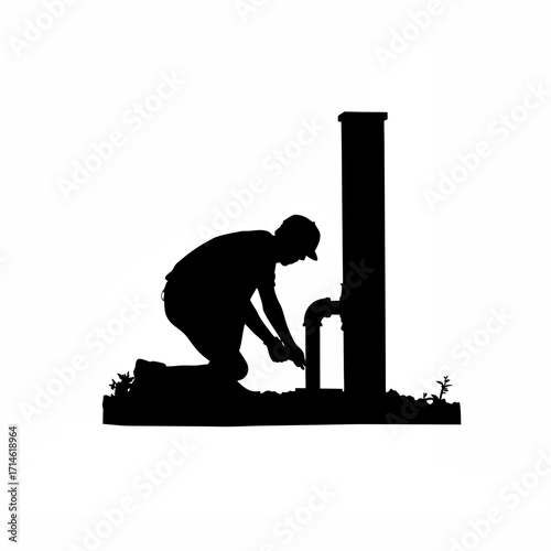 Silhouette of construction worker finishing concrete around pipe opening isolated on white background