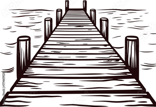 Wooden pier extending over calm water, hand drawn vintage sketch illustration isolated on white background