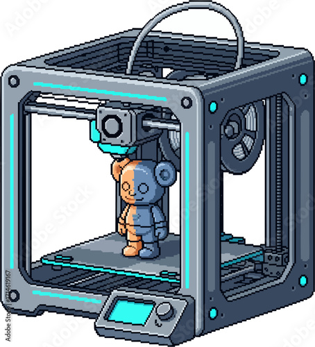 A 3D printer producing a small, stylized bear figurine.