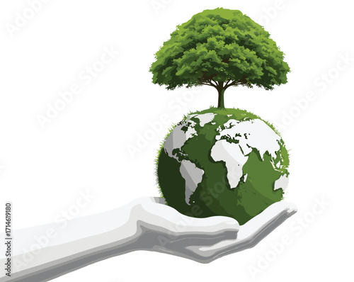PrintEco friendly hand holding green globe, tree on earth, sustainability concept, environmental protection, nature conservation, planet care, renewable energy future