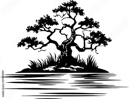 Silhouette of bonsai tree with textured branches and leaves growing on island above calm water illustration