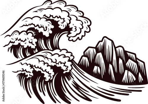Powerful ocean wave crashing against rock formation in vintage engraved illustration