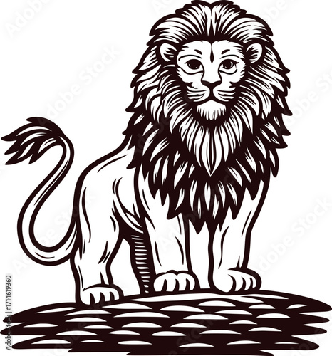 Vintage engraved lion standing on ground with detailed mane in black and white illustration