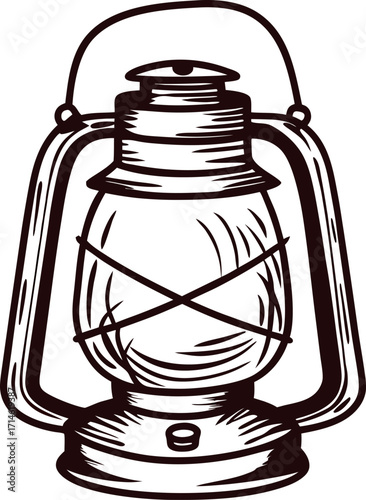 Vintage hand drawn kerosene lantern isolated on white background rustic retro camping oil lamp sketch illustration