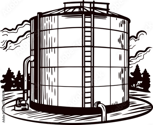 Large cylindrical storage tank with external ladder and piping, hand drawn illustration in vintage engraved