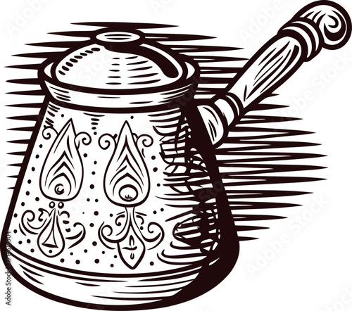 Hand drawn traditional turkish coffee pot with ornate patterns and wood handle vintage engraved sketch illustration