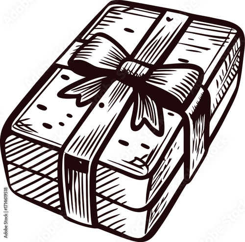 Hand drawn sketch of wrapped gift box with ribbon and bow in vintage engraved