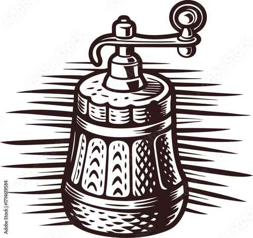 Hand drawn antique pepper mill isolated on white background retro kitchen utensil vintage engraved sketch illustration